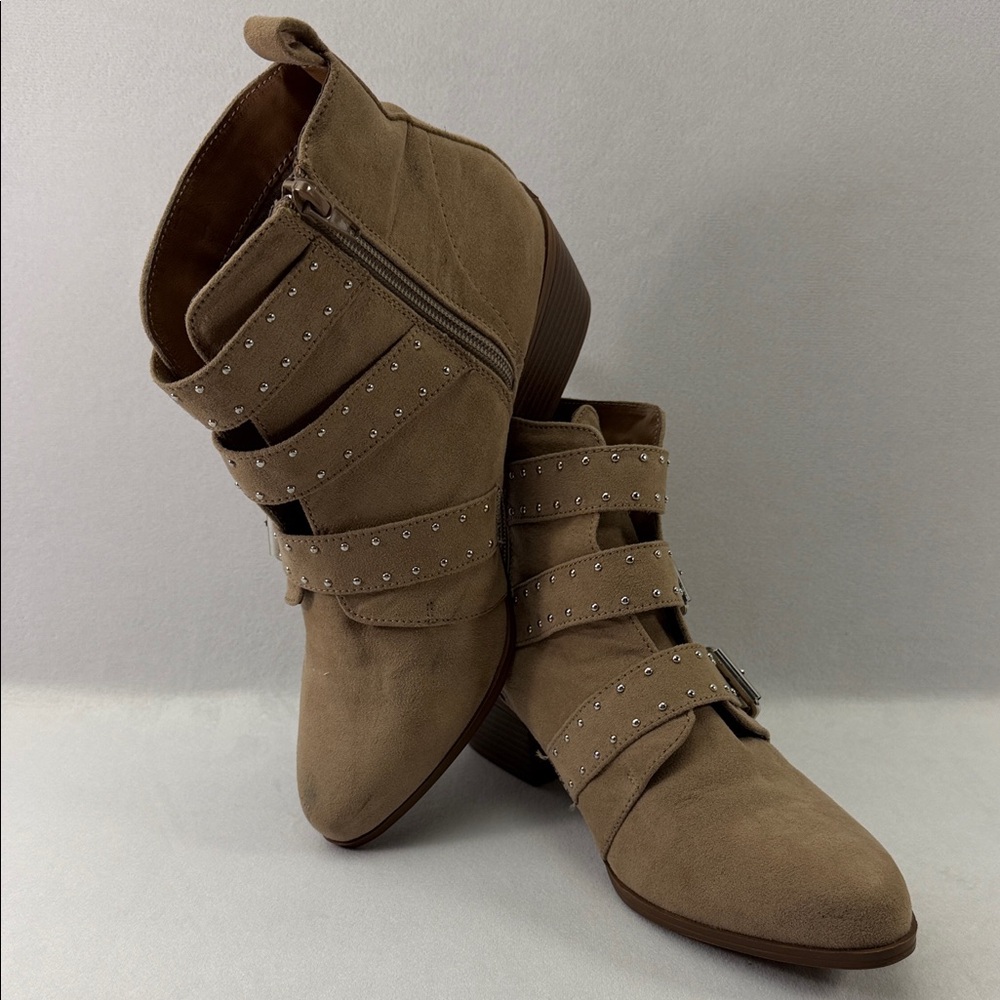 Justfab Studded Buckled Block Heeled Bootie Women's Tan Ankle Boots